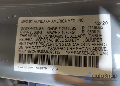 2021 Honda Accord Sport z USA, uszkodzony, nr VIN 1HGCV1F38MA028135